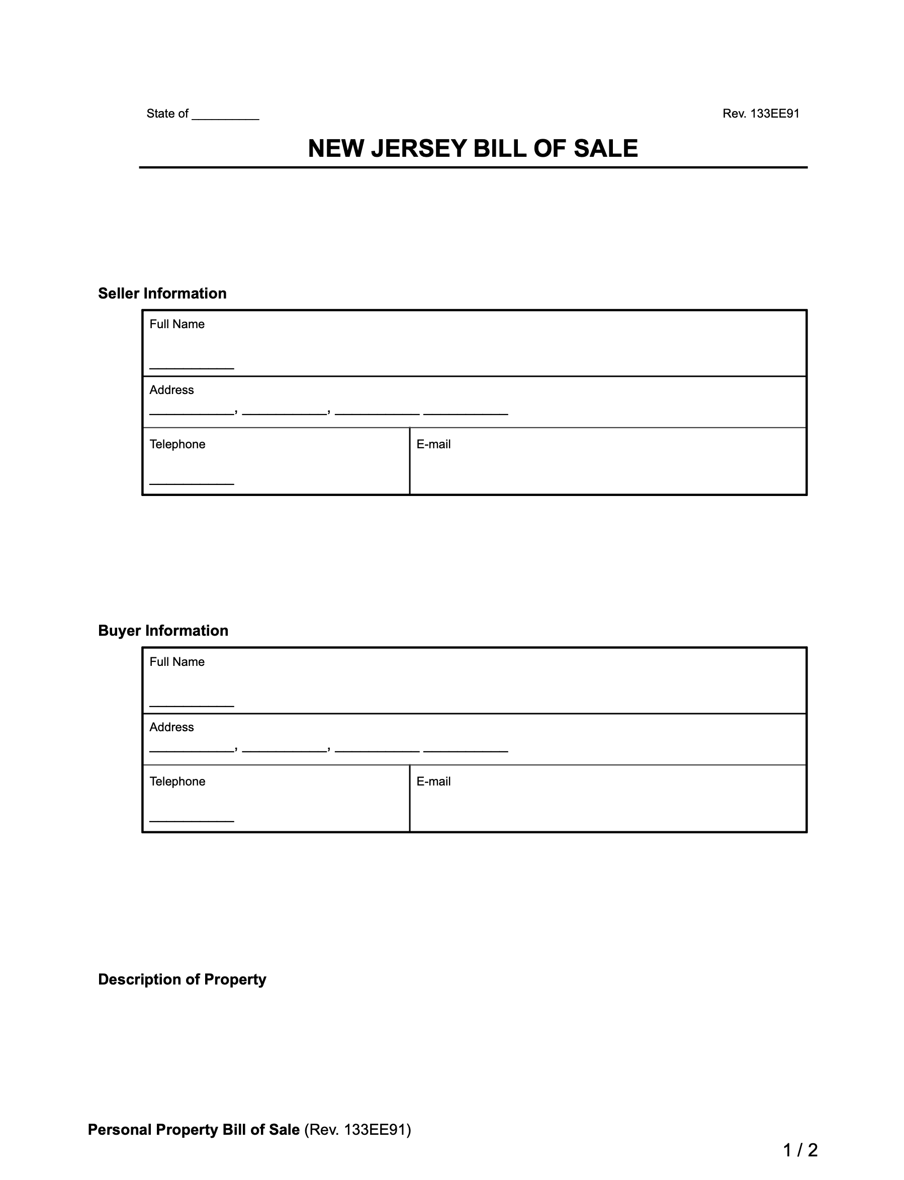 New Jersey Bill of Sale Form