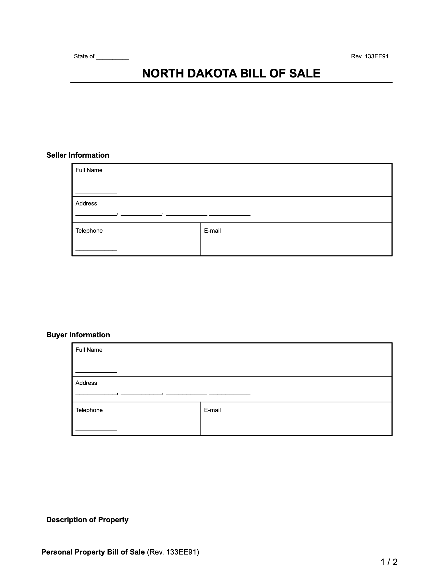 north dakota bill of sale