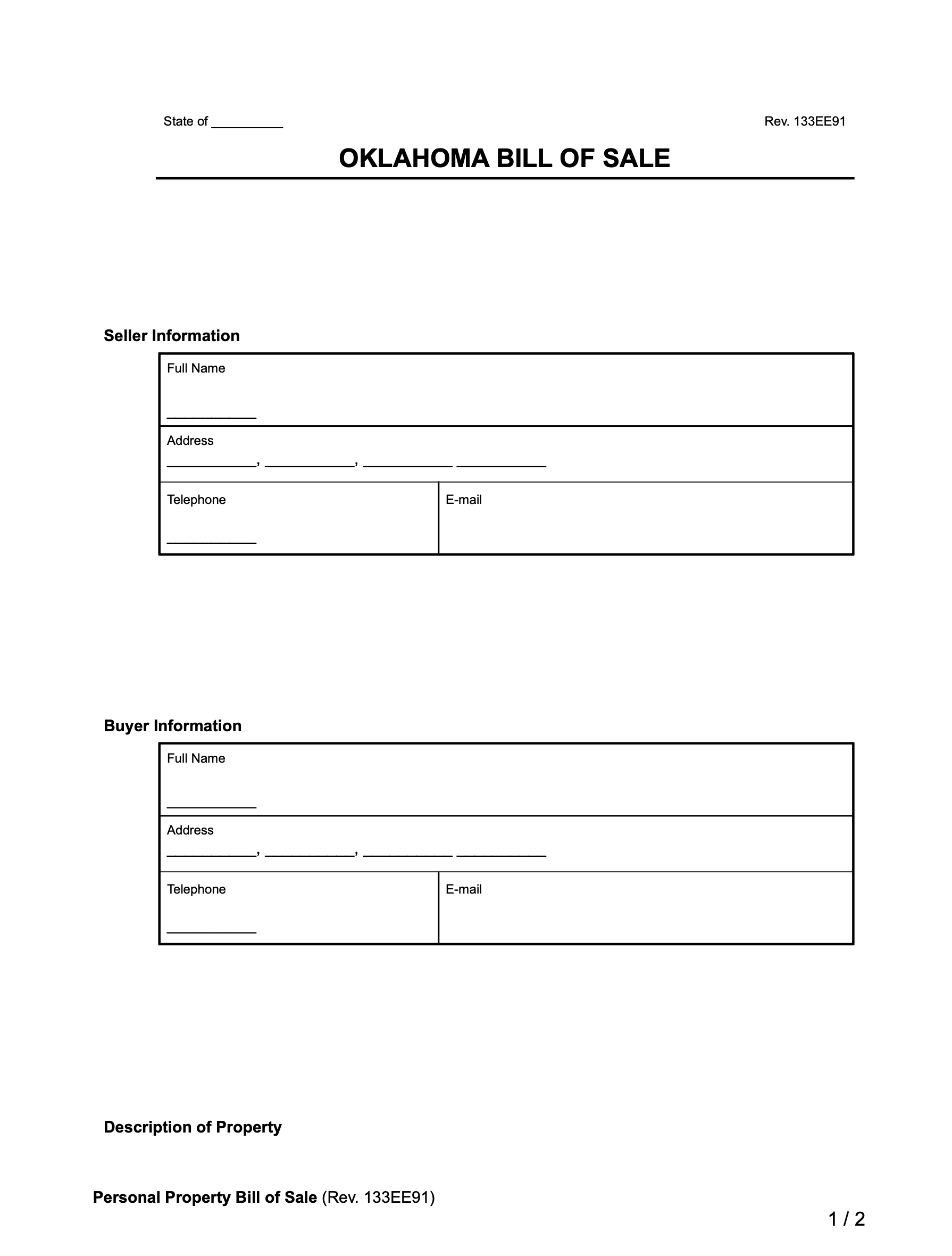 Oklahoma Bill of Sale Form