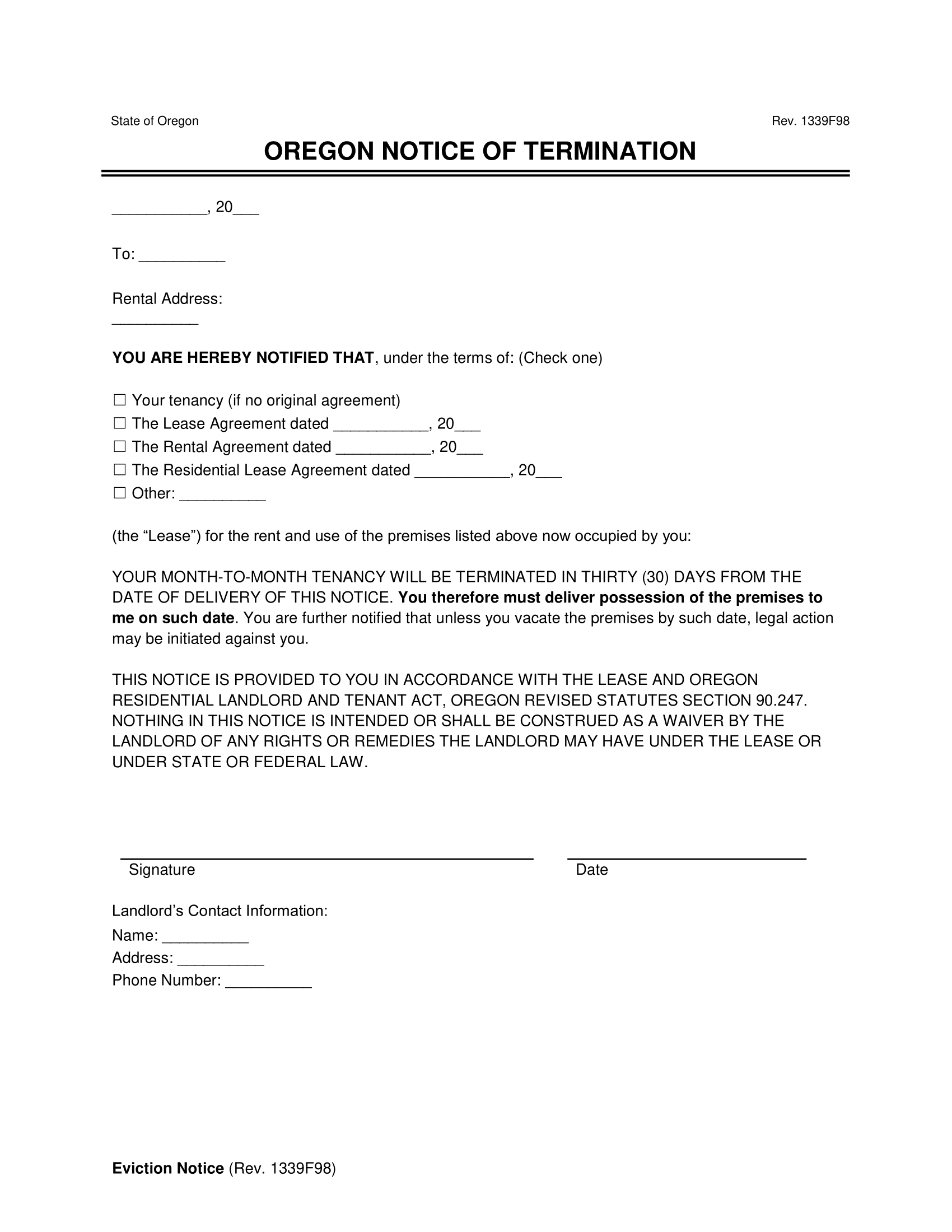 Oregon 30-day Eviction Notice