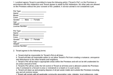 pet addendum to lease agreement template