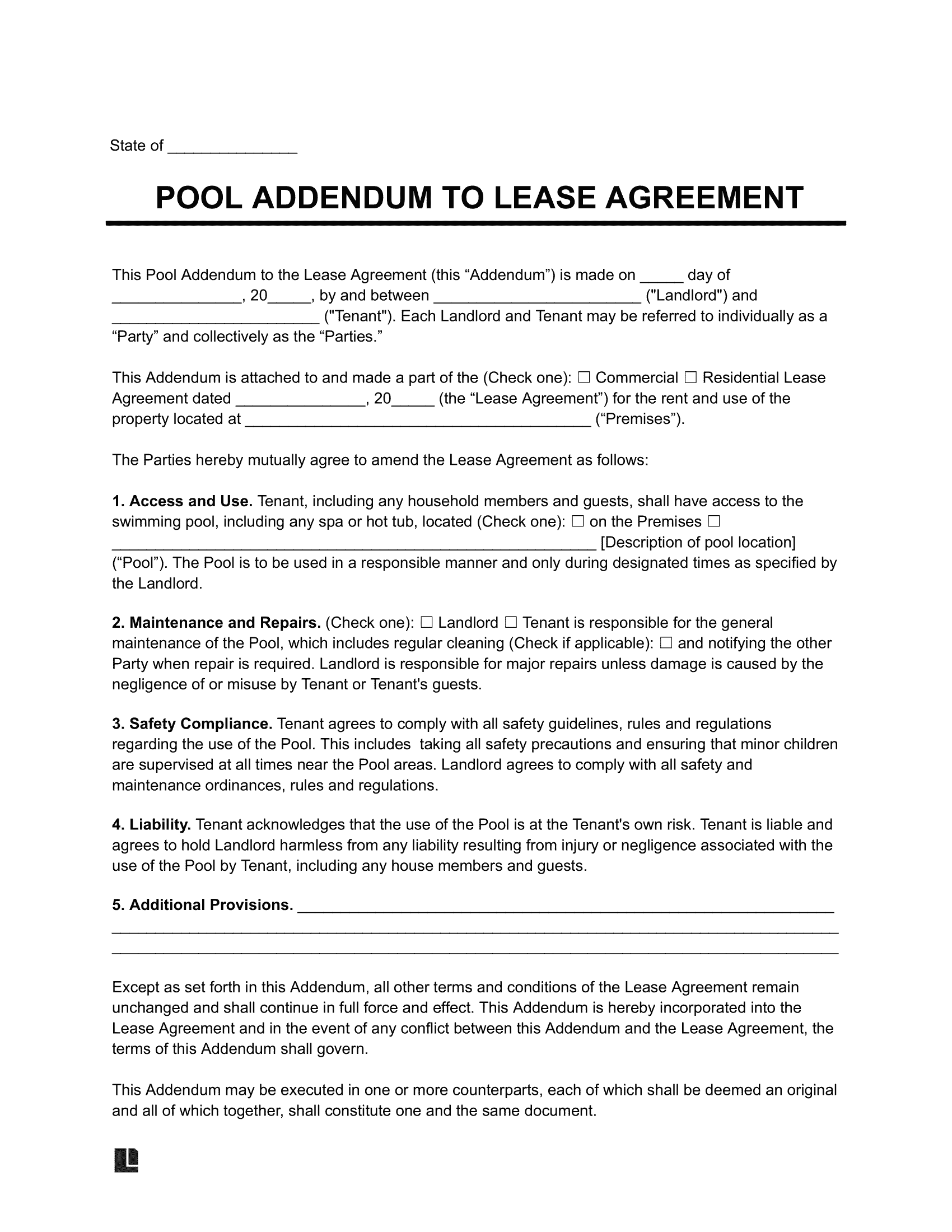 Pool & Spa Lease Agreement Addendum