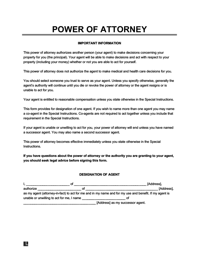 Power of Attorney form with sections explaining agent authority, important information, and designation of agent fields to fill out with names and addresses.
