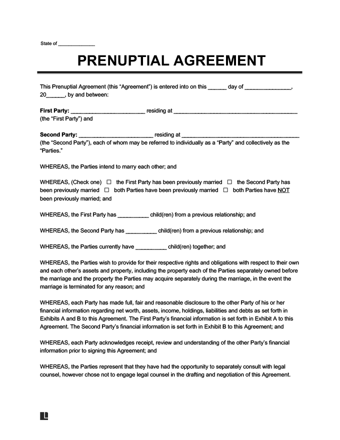 Blank prenuptial agreement form template with fields for personal details and financial disclosures.