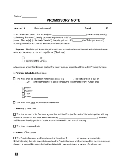 Sample of a promissory note template for personal loans