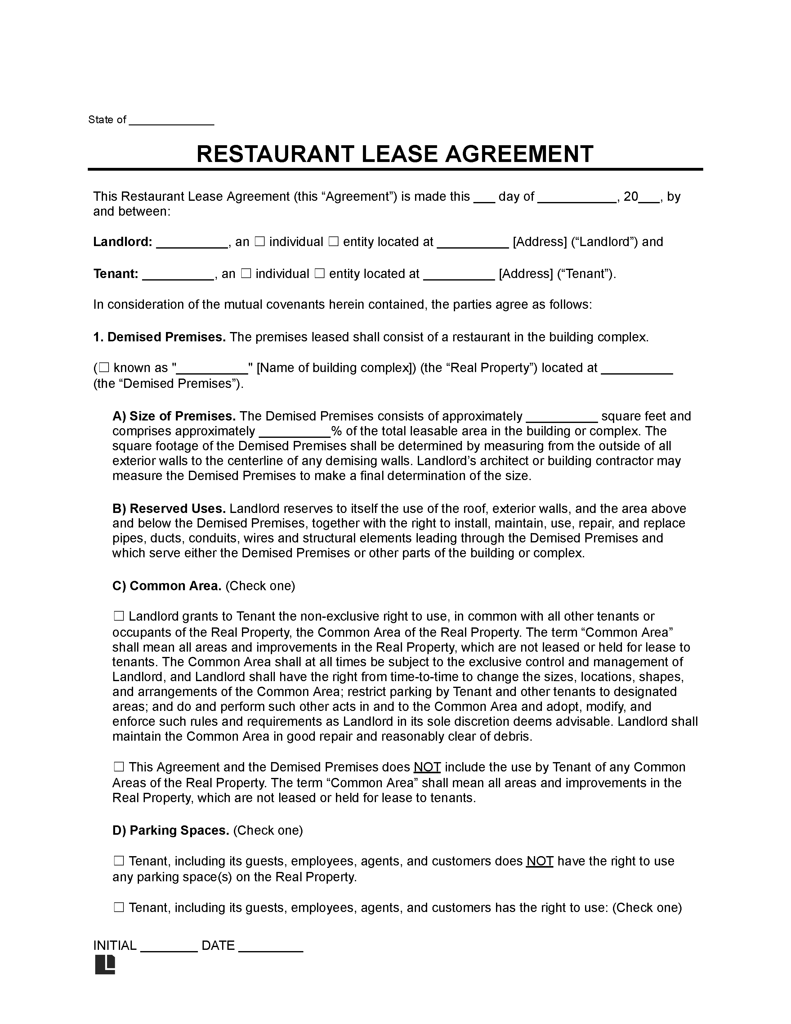 Restaurant Lease Agreement Template