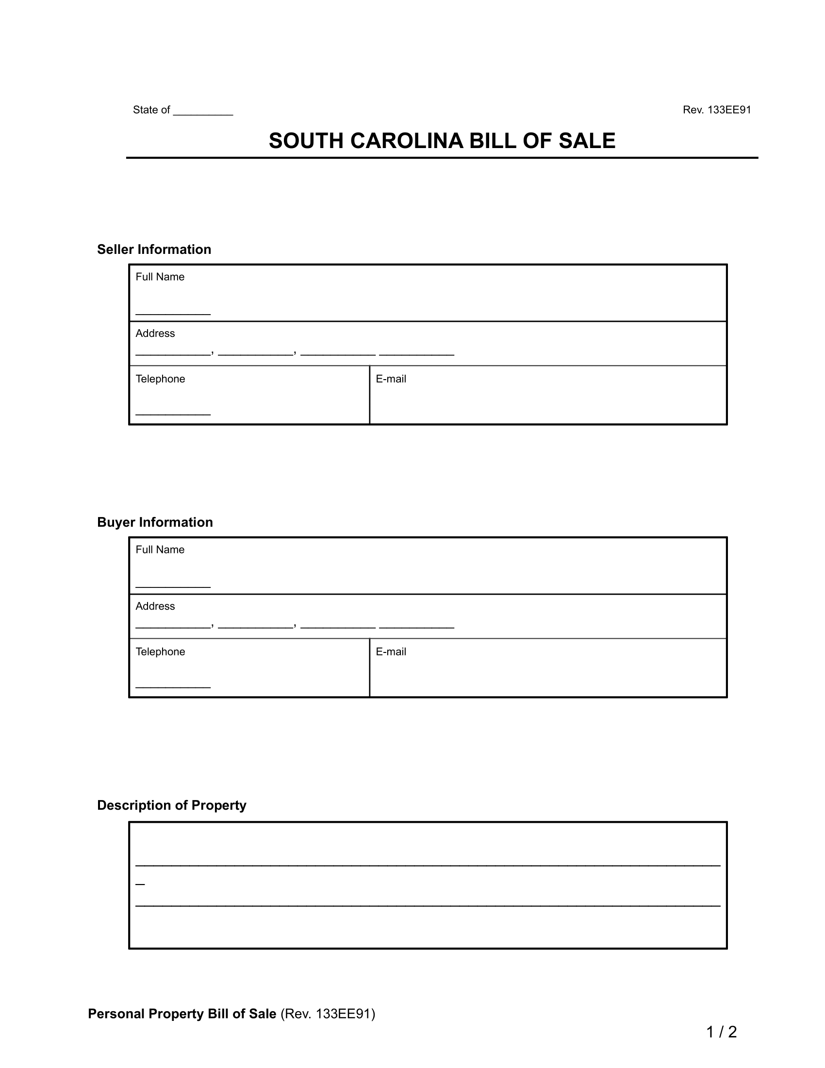 south carolina bill of sale form