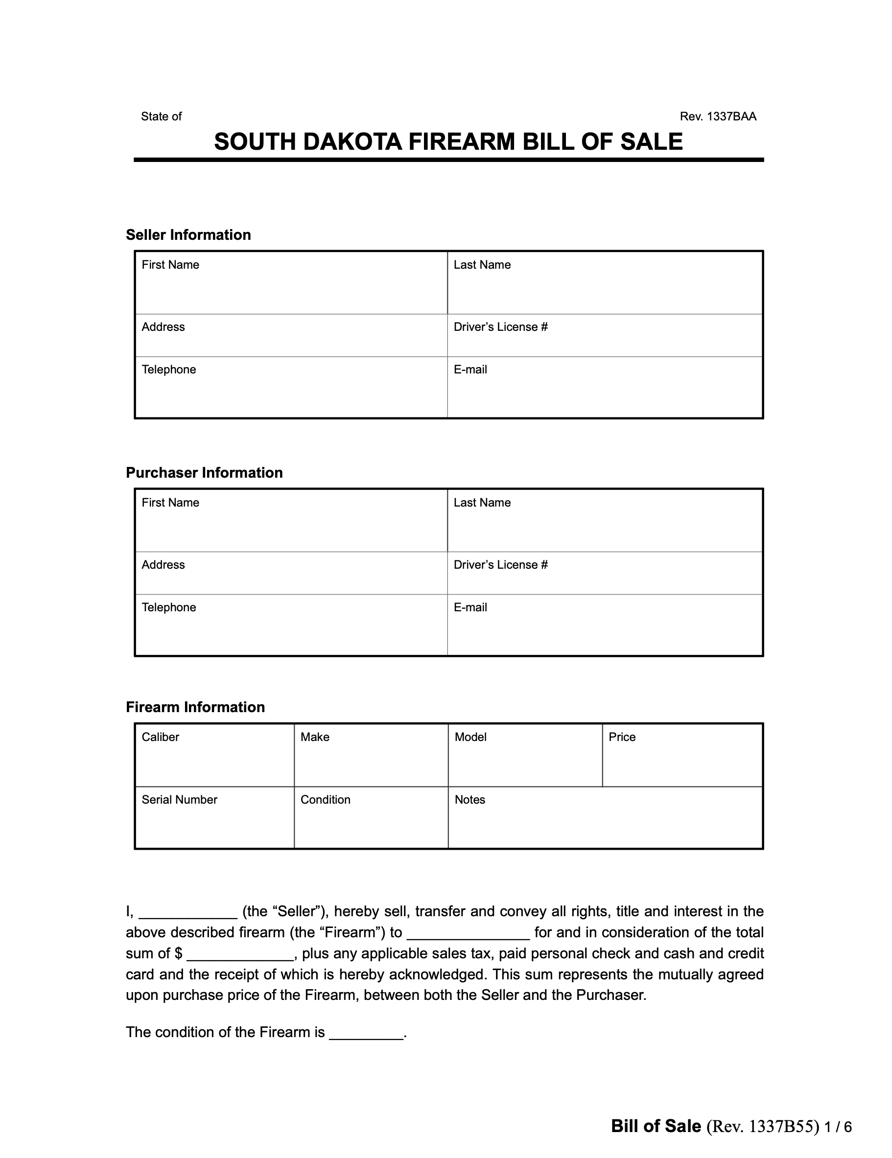 south dakota firearm bill of sale