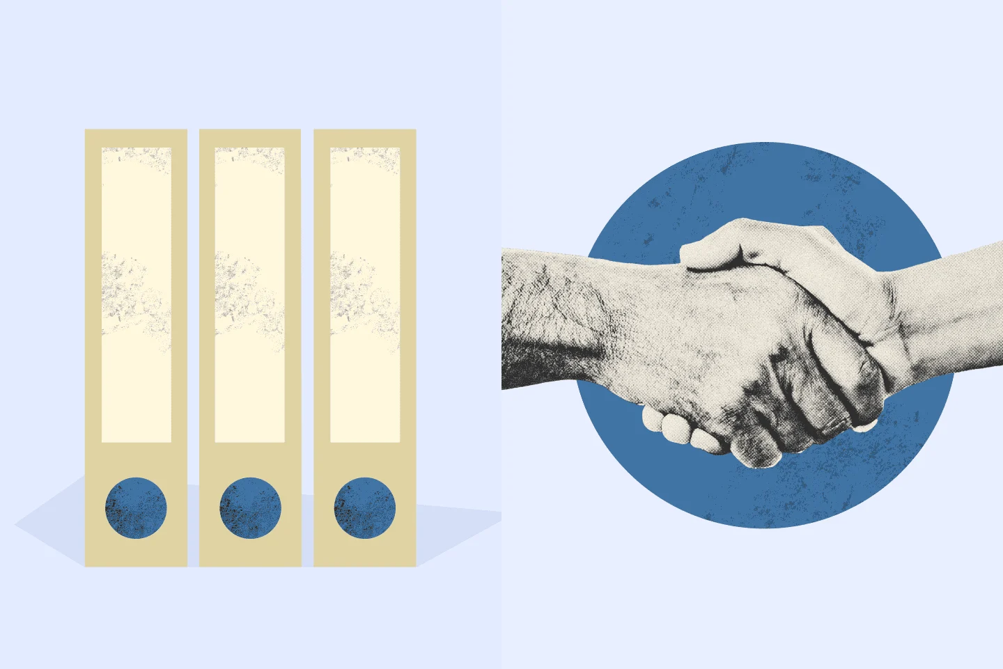 Three binders next to a handshake on a blue background