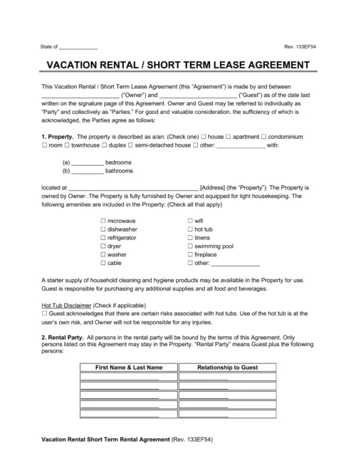 vacation rental short term lease agreement template