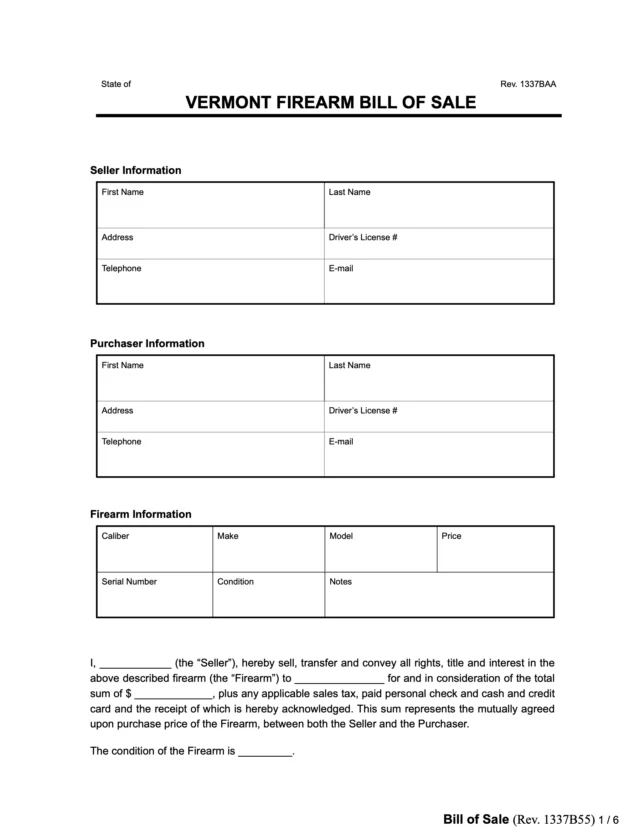 vermont firearm bill of sale