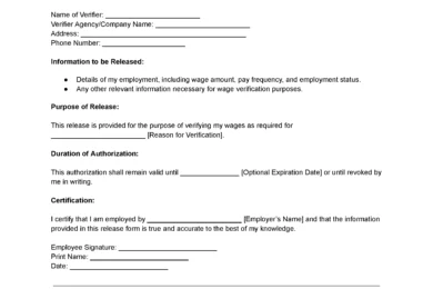 wage verification form Template