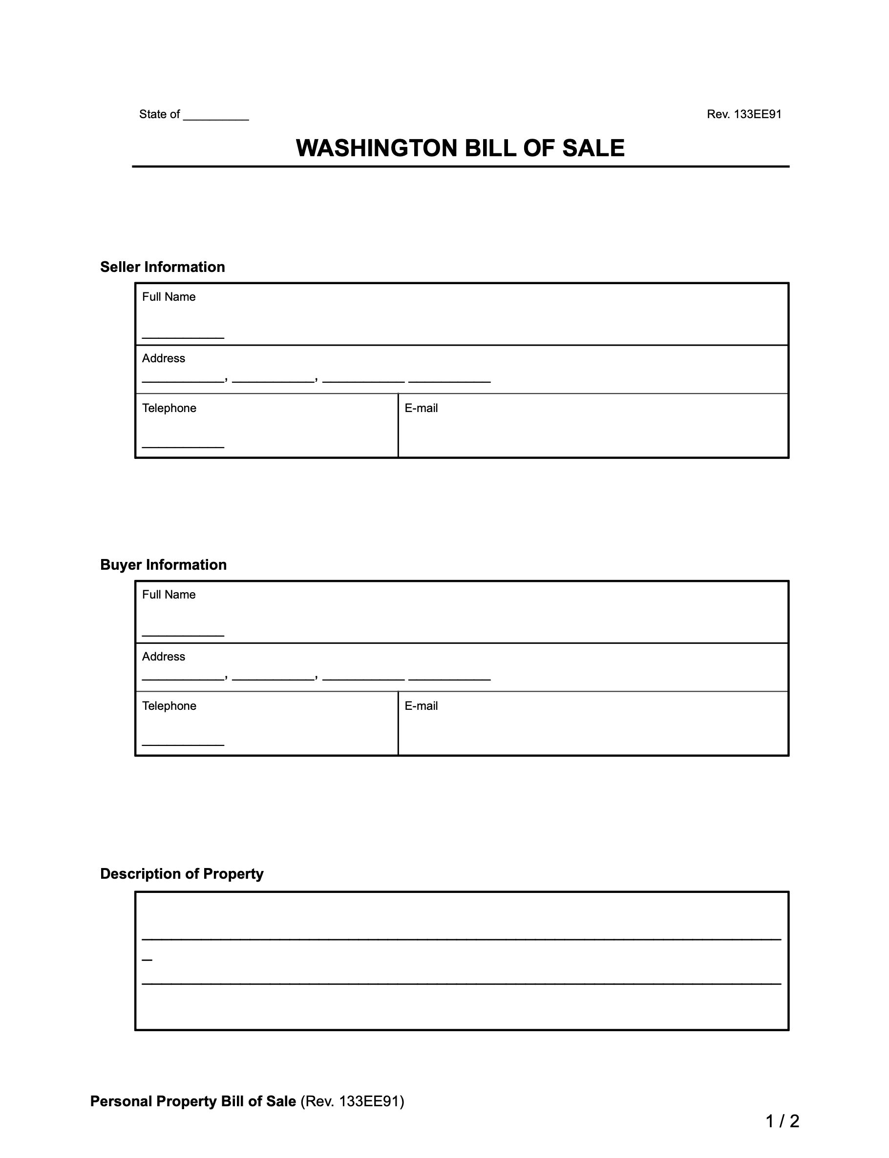 Washington Bill of Sale Form