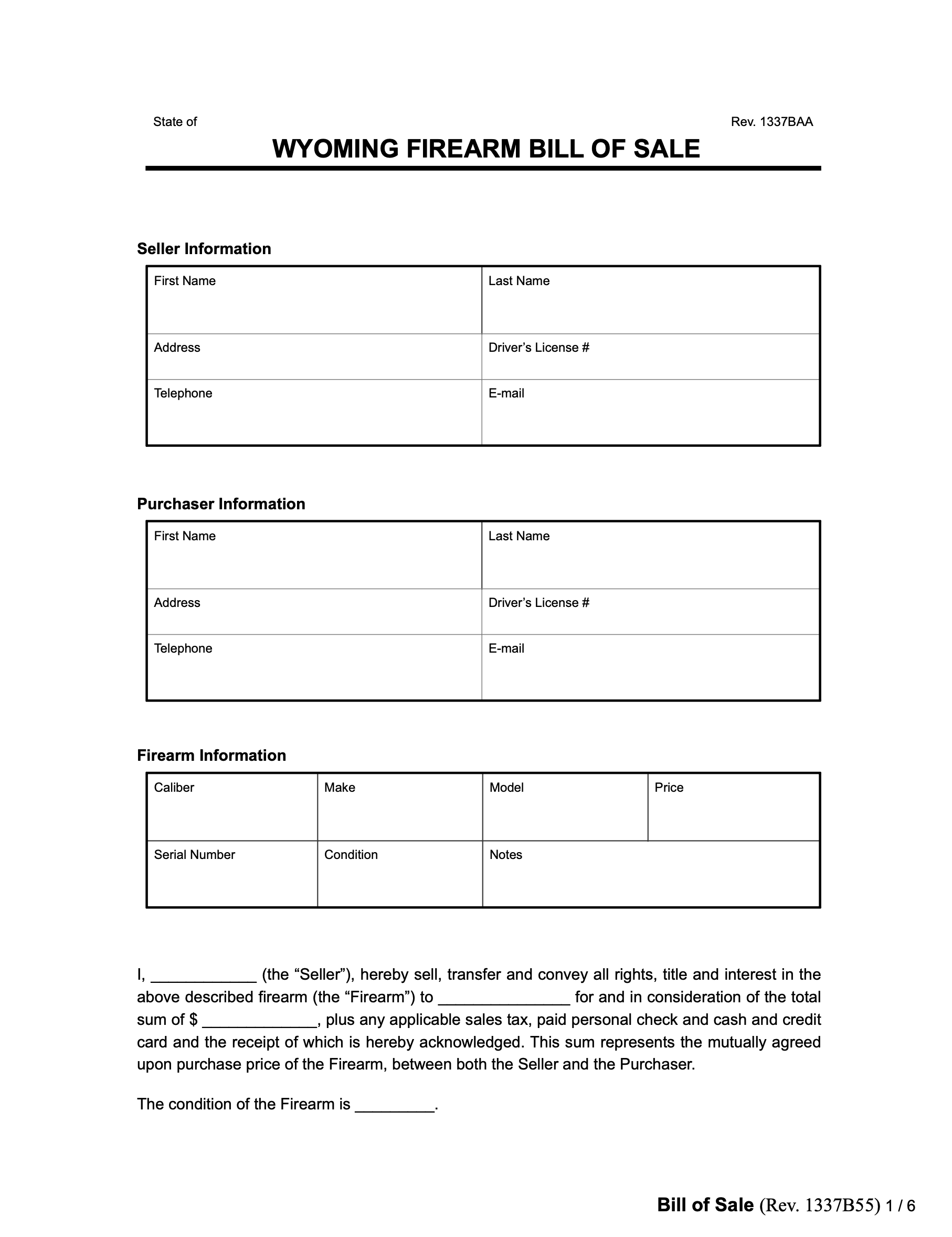 Wyoming firearm bill of sale form